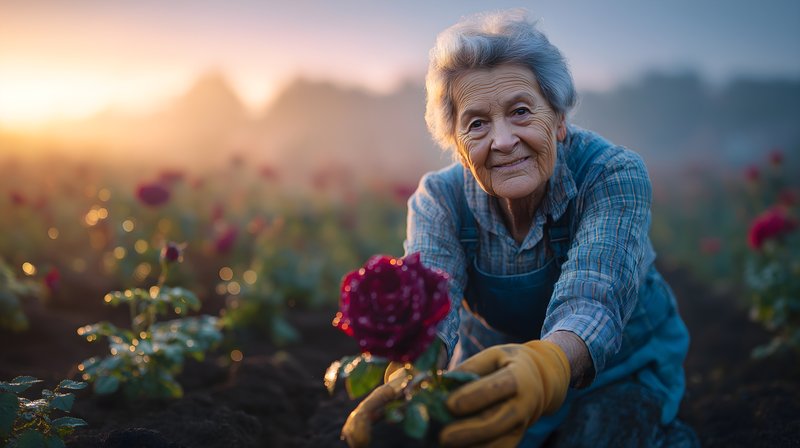 Elderly person works in a flower field during sunrise hours Free Premium Stock Photo - stock photo