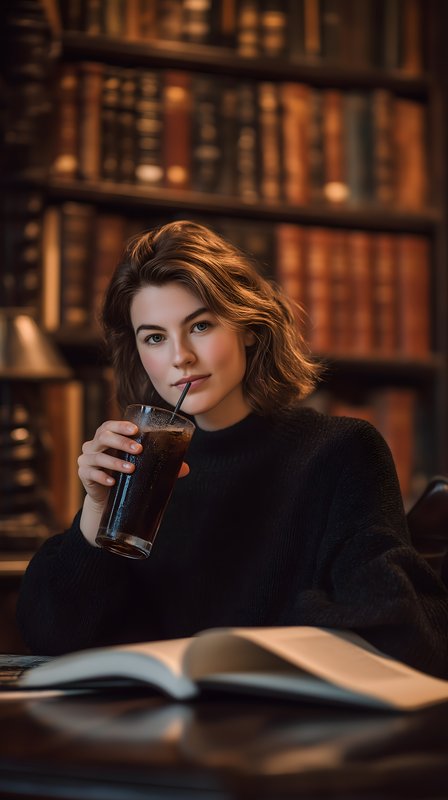 Woman sits in library and enjoys drink while reading Free Premium Stock Image - stock photo