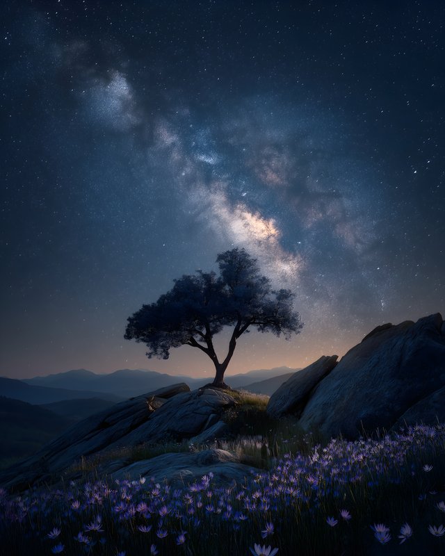 Sky filled with stars above lone tree on a dark night Free Premium Stock Photo - stock photo