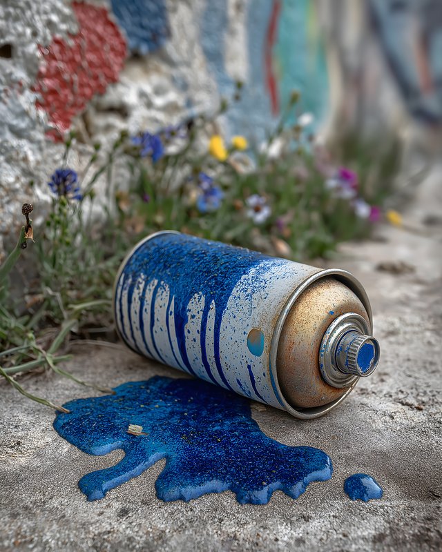 Blue spray can lies on ground near colorful wall Free Premium Stock Image - stock photo