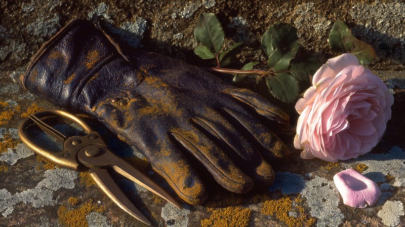 Gardening tools and flowers on a stone surface in sunlight Free Premium Stock Image - stock photo