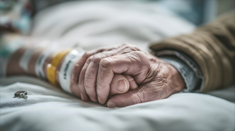 Old hands holding each other in a hospital room during recovery Free Premium Stock Image - stock photo
