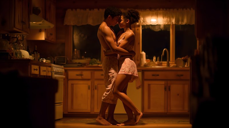 Couple dances in the kitchen of a cozy home at night Free Premium Stock Image - stock photo