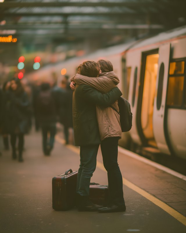 Couple embraces at train station while awaiting departure Free Premium Stock Image - stock photo