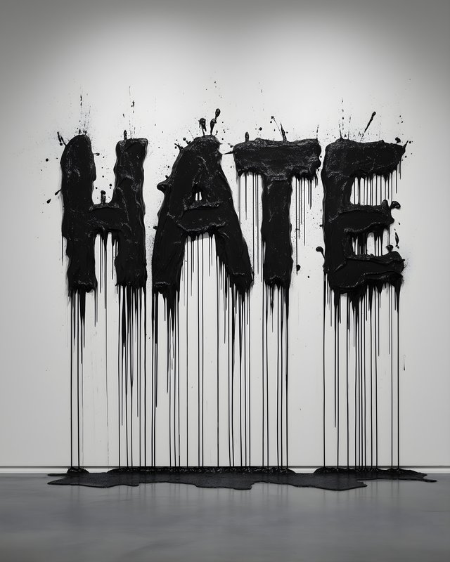 Bold black letters spell hate on a white wall in a gallery Free Premium Stock Image - stock photo