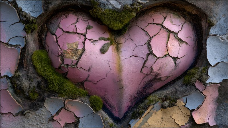Heart shape in cracked paint with green moss on wall Free Premium Stock Image - stock photo