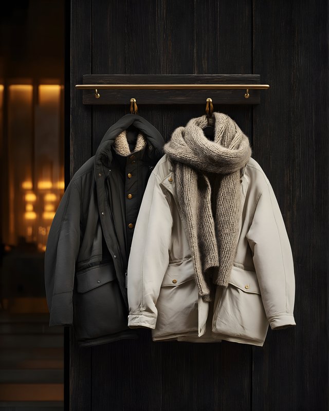 Two winter jackets hanging on a wall rack indoors Free Premium Stock Image - stock photo