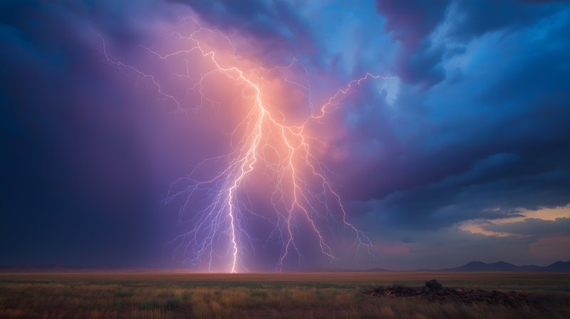 Lightning strikes over a field during a stormy evening Free Premium Stock Photo - stock photo