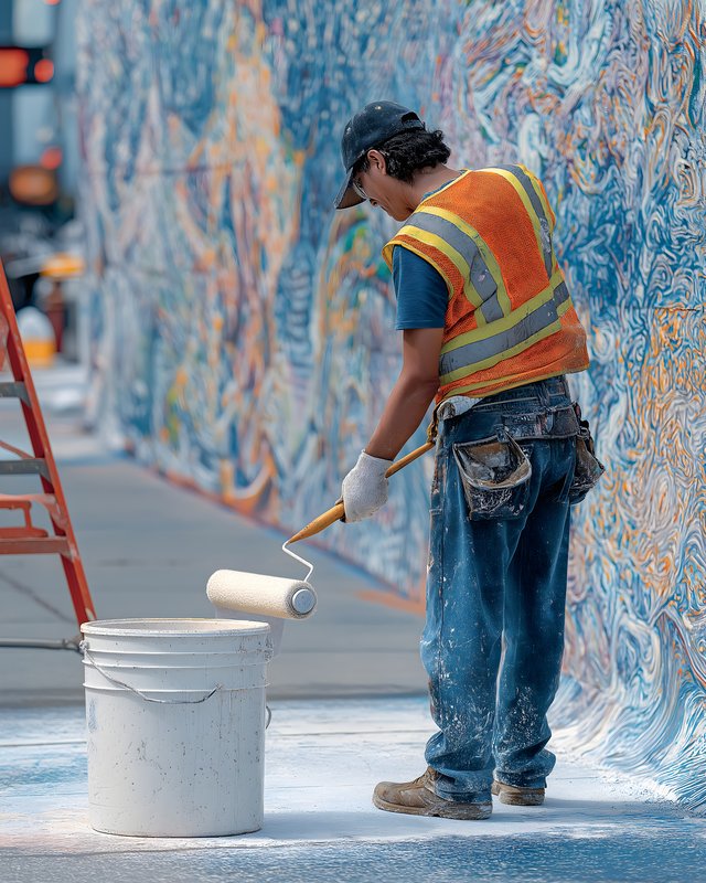 Worker paints a wall in a city street during the day Free Premium Stock Photo - stock photo