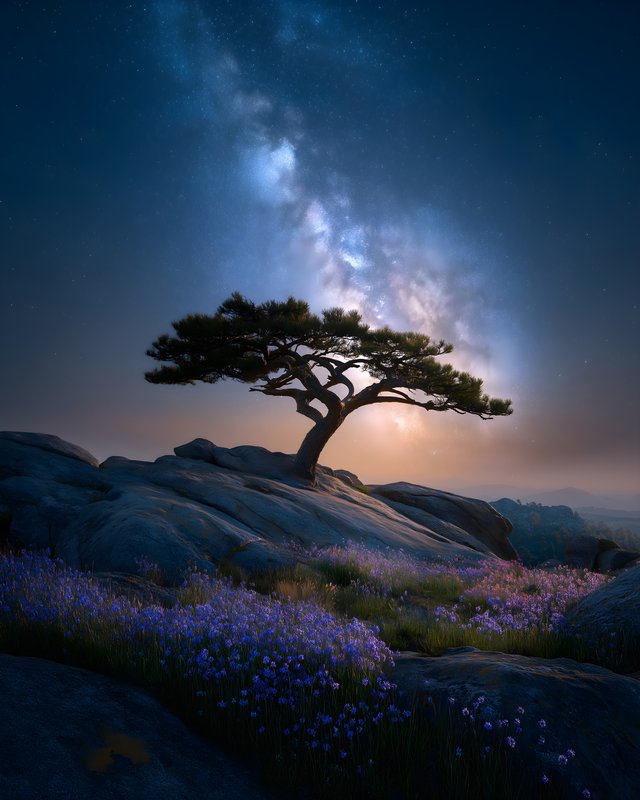 Stars shine over a lone tree on rocky ground at night Free Premium Stock Photo - stock photo