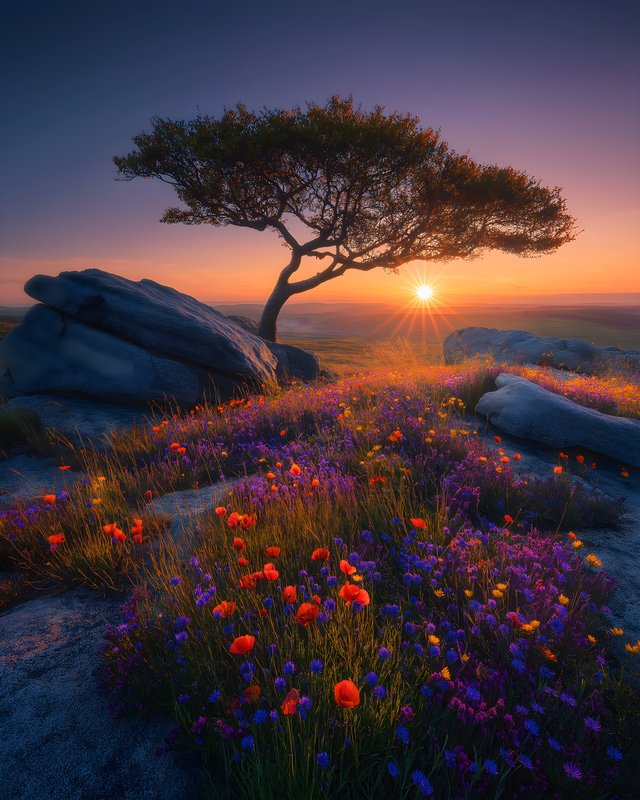 Sunrise over flowers and a tree on rocky ground Free Premium Stock Photo - stock photo