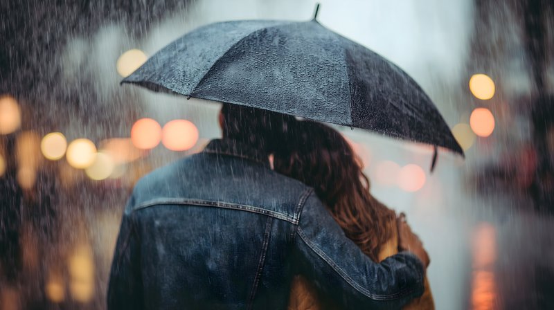 Couple shares an umbrella while walking in the rain Free Premium Stock Photo - stock photo