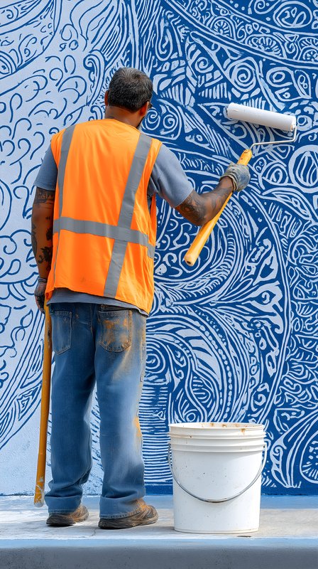 Man paints mural on wall in urban area during daytime Free Premium Stock Photo - stock photo