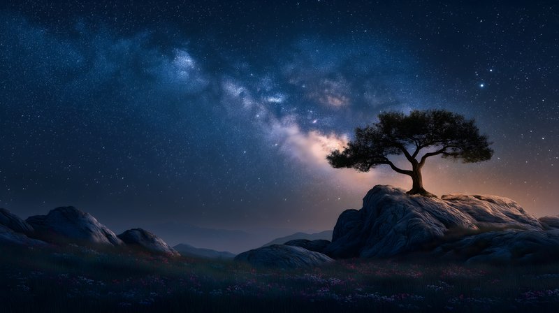 Starry night sky over a lone tree on rocky terrain Free Premium Stock Image - stock photo