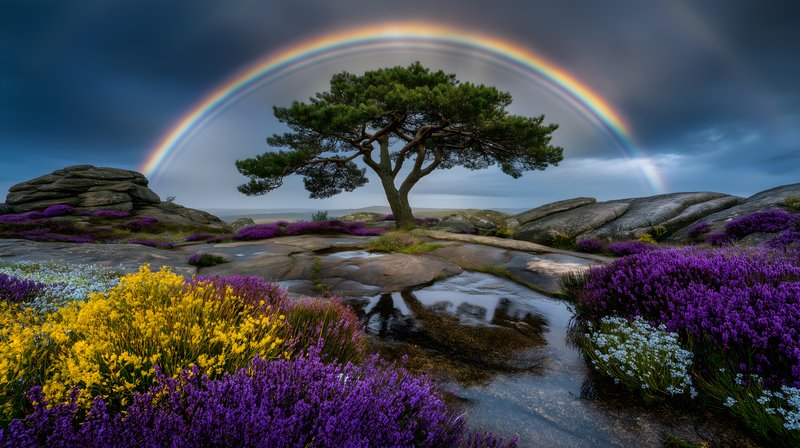 Rainbow arching over tree and flowers in a natural setting Free Premium Stock Image - stock photo