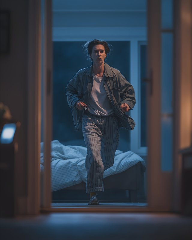 Person runs through home at night in pajamas and slippers Free Premium Stock Photo - stock photo