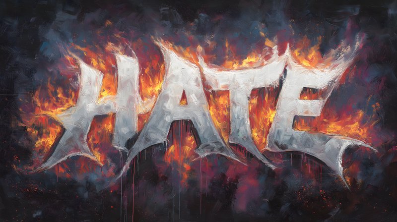 Bold text with the word hate in flames against a dark background Free Premium Stock Image - stock photo