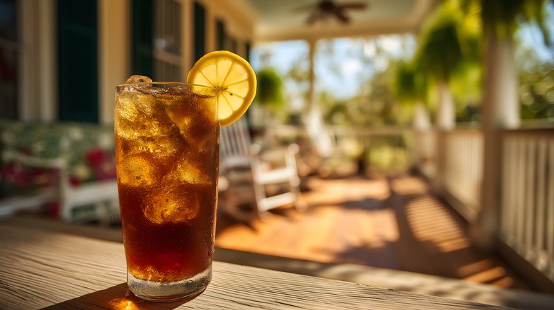 Iced tea with lemon sits on a table in a sunny garden Free Premium Stock Image - stock photo