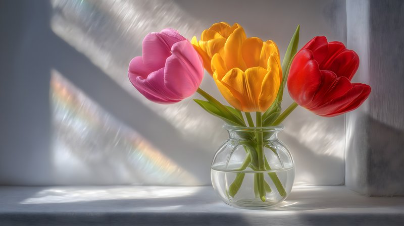 Colorful tulips in a glass vase on a window ledge Free Premium Stock Image - stock photo