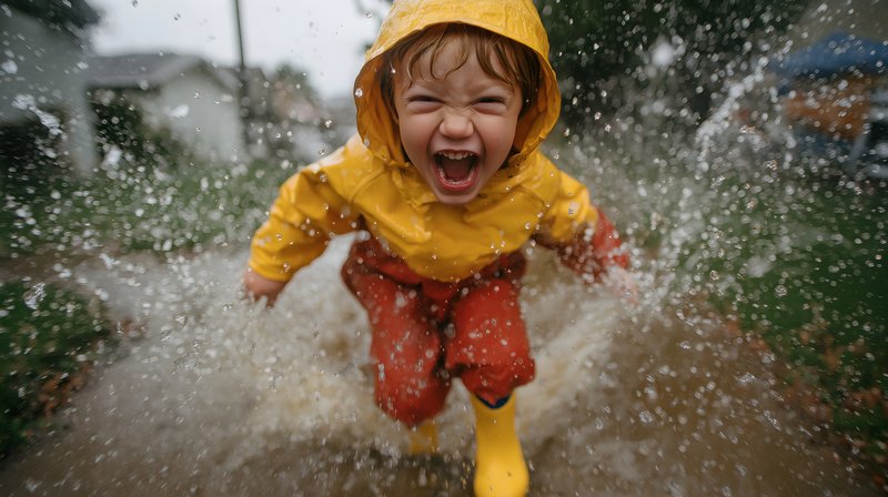 Child plays in rain puddle with yellow rain gear and joy Free Premium Stock Image - stock photo