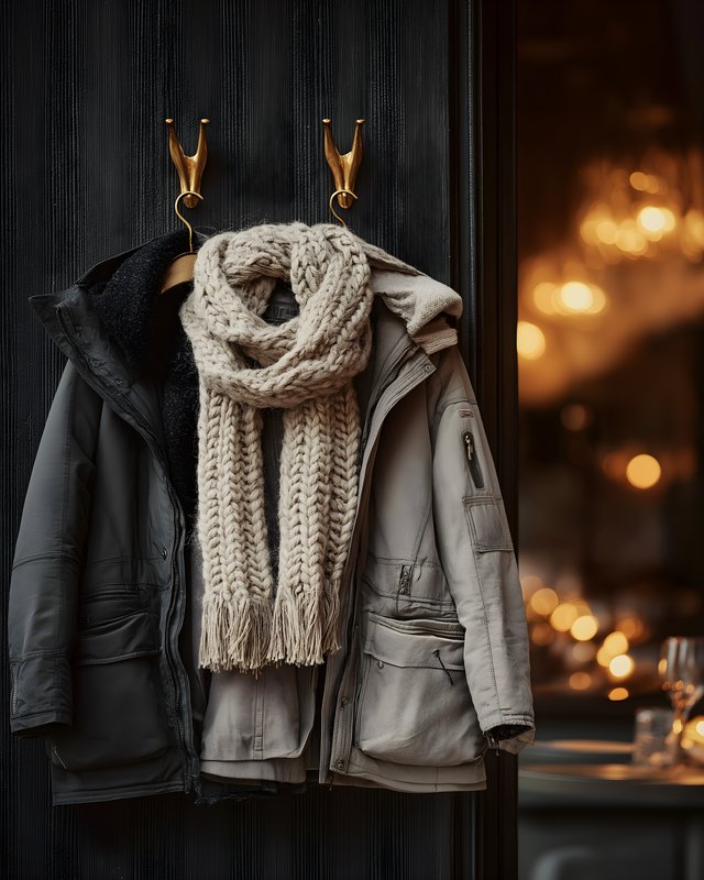 Coats and scarf hanging in a warm indoor space Free Premium Stock Image - stock photo