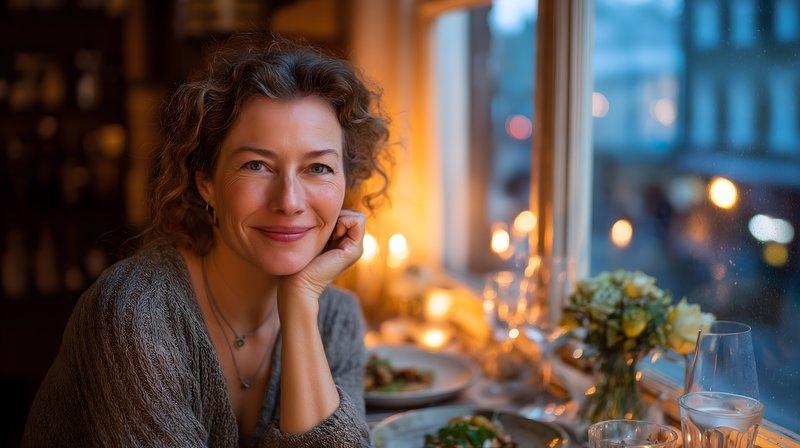Woman smiles at dinner table by window in evening light Free Premium Stock Photo - stock photo