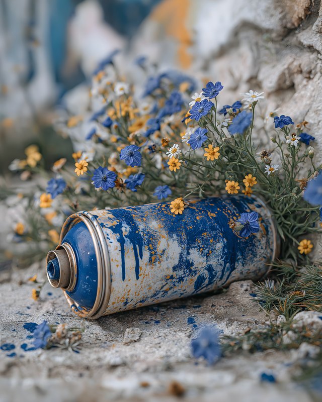 Flowers grow from a spray can on a city street in spring Free Premium Stock Photo - stock photo