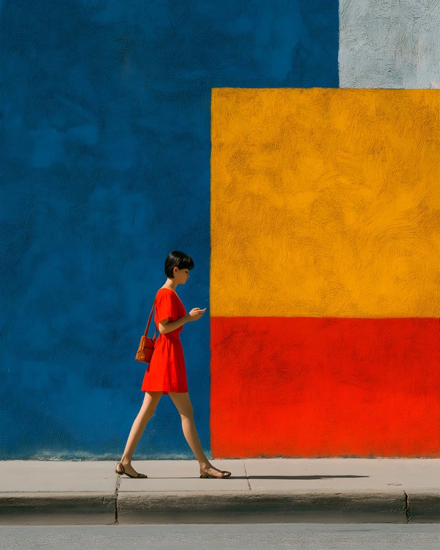 Woman walks beside colorful wall in city during day Free Premium Stock Photo - stock photo