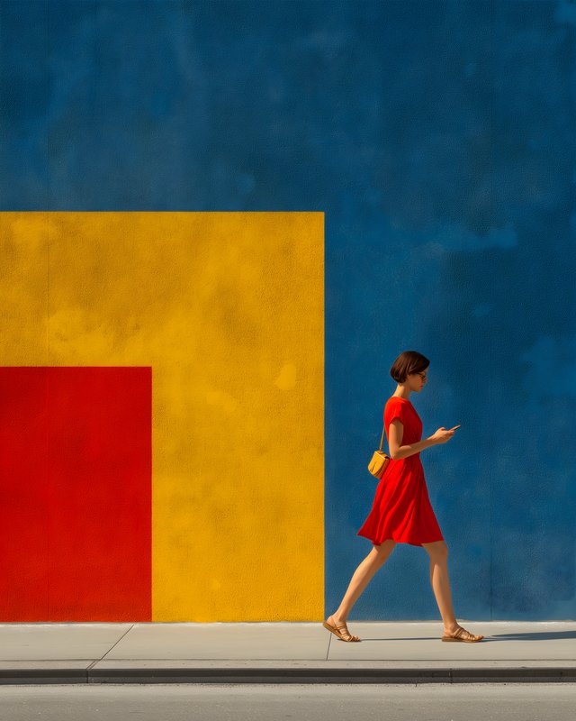Woman walks by colorful wall in urban setting during daytime Free Premium Stock Photo - stock photo