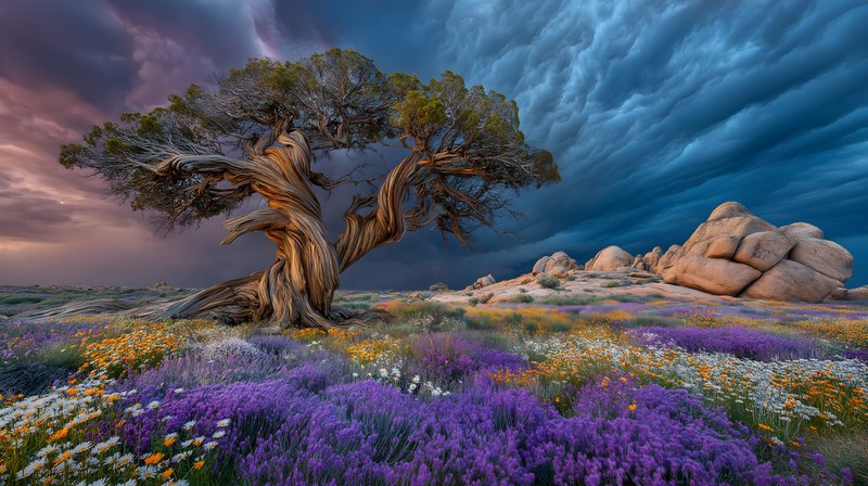 Old tree stands among flowers under cloudy sky in nature Free Premium Stock Image - stock photo