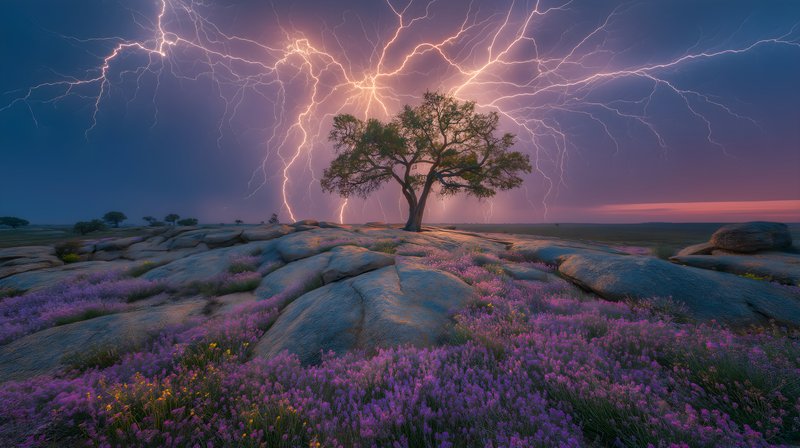 Lightning strikes above a tree on rocks with flowers in bloom Free Premium Stock Photo - stock photo