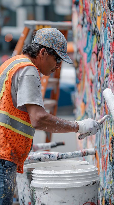 Artist paints colorful mural on urban wall in busy area Free Premium Stock Image - stock photo