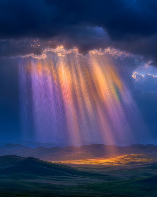 Sunlight breaks through clouds over distant hills at sunset Free Premium Stock Image - stock photo