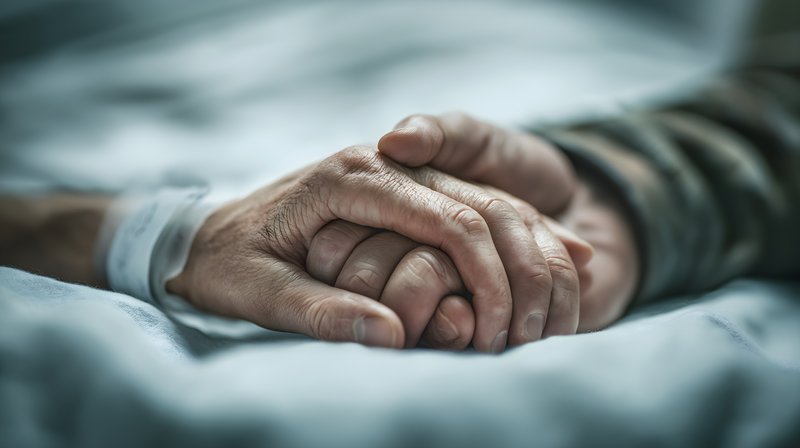Two hands hold each other in a hospital setting Free Premium Stock Image - stock photo