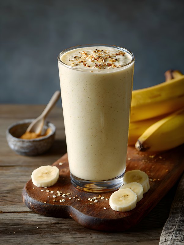 Smoothie made with bananas and oats on wooden board Free Premium Stock Image - stock photo