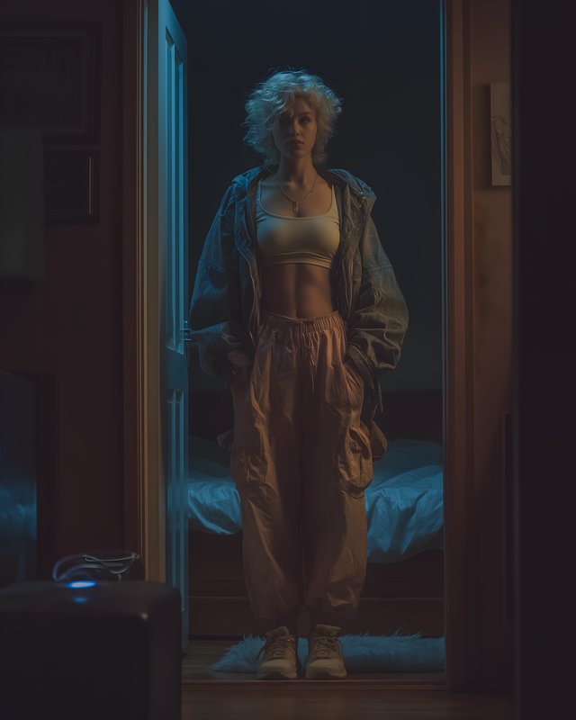 Person stands in doorway wearing a jacket and pants at night Free Premium Stock Photo - stock photo