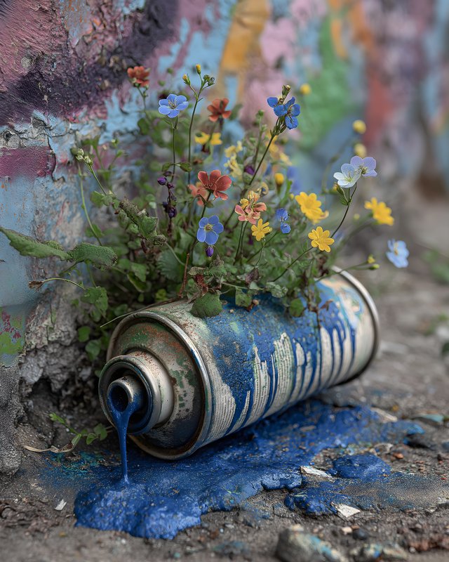 Spray can with flowers and paint on the ground in a city Free Premium Stock Photo - stock photo