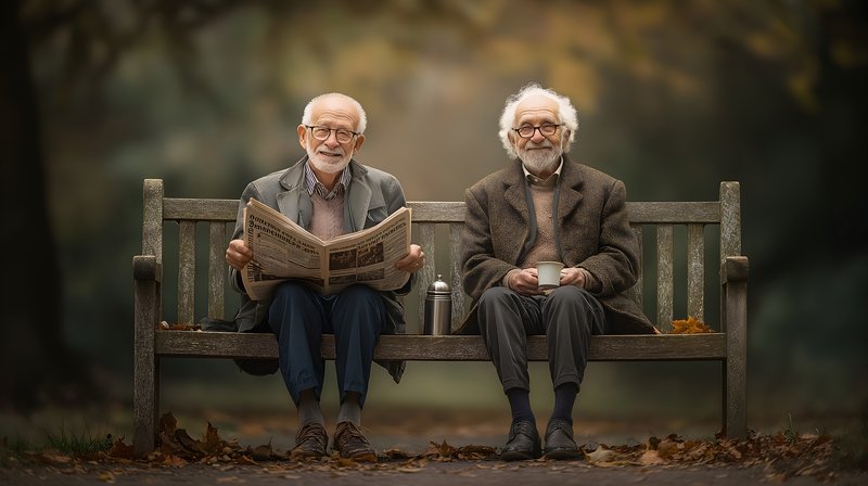 Two men enjoy morning coffee and reading in a park Free Premium Stock Photo - stock photo