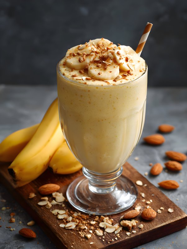 Banana smoothie with nuts and bananas on a wooden board Free Premium Stock Photo - stock photo
