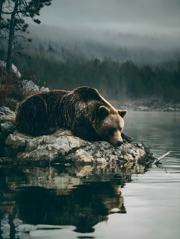 Bear resting by the water in a misty landscape Free Premium Stock Photo - stock photo