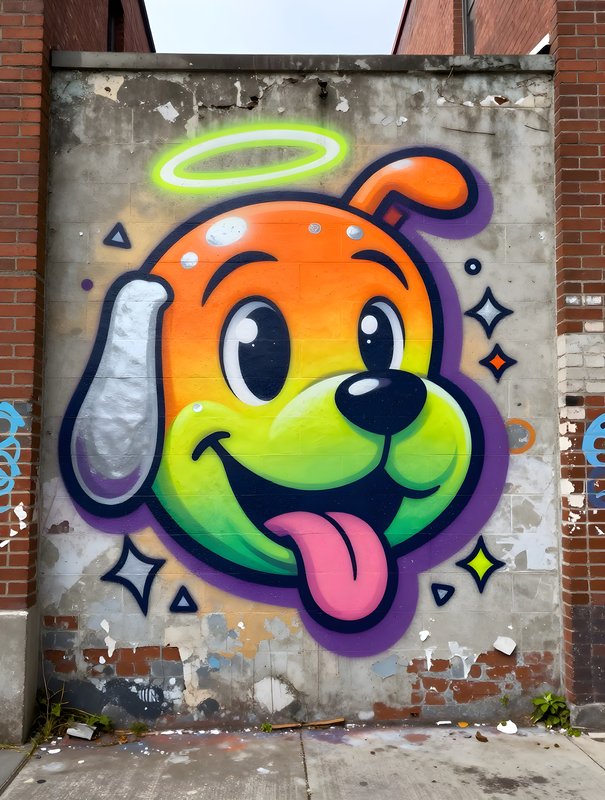 Colorful dog mural on a city wall brightens the street Free Premium Stock Image - stock photo