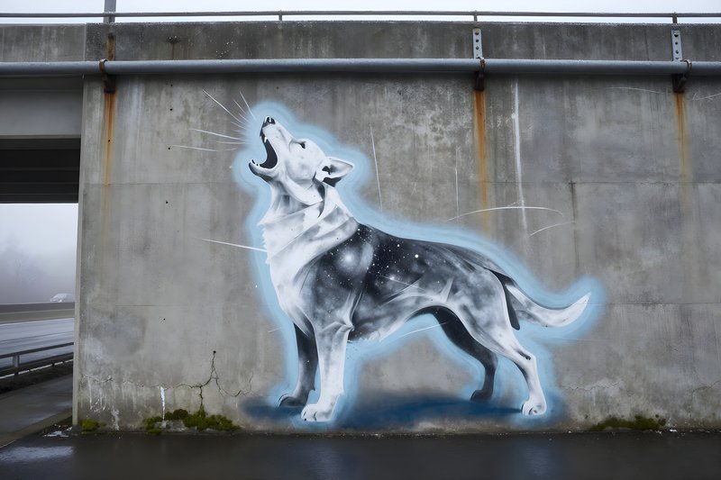 Mural of a dog howling on a concrete wall near a highway Free Premium Stock Photo - stock photo