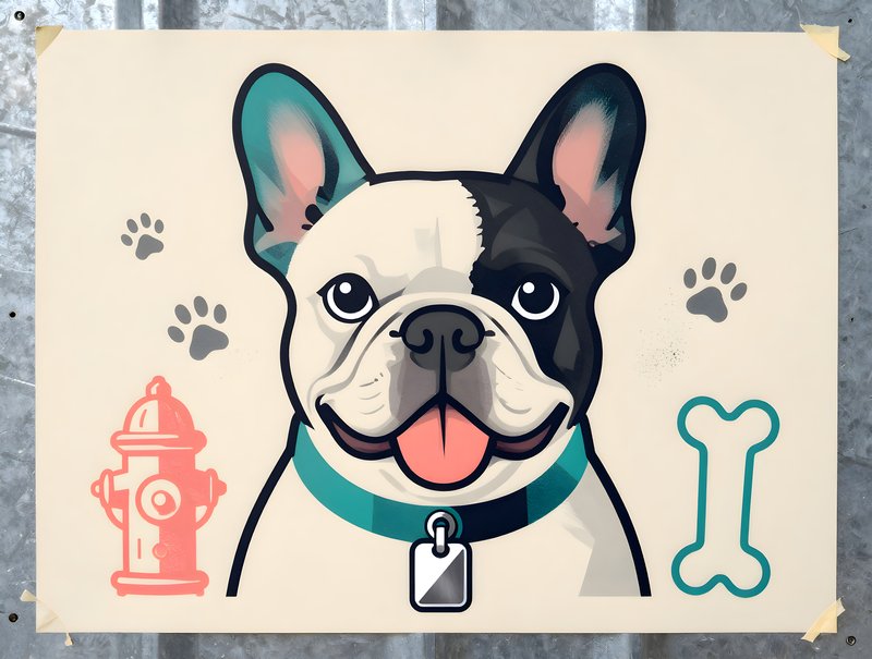 French bulldog art on wall with dog-related items Free Premium Stock Photo - stock photo