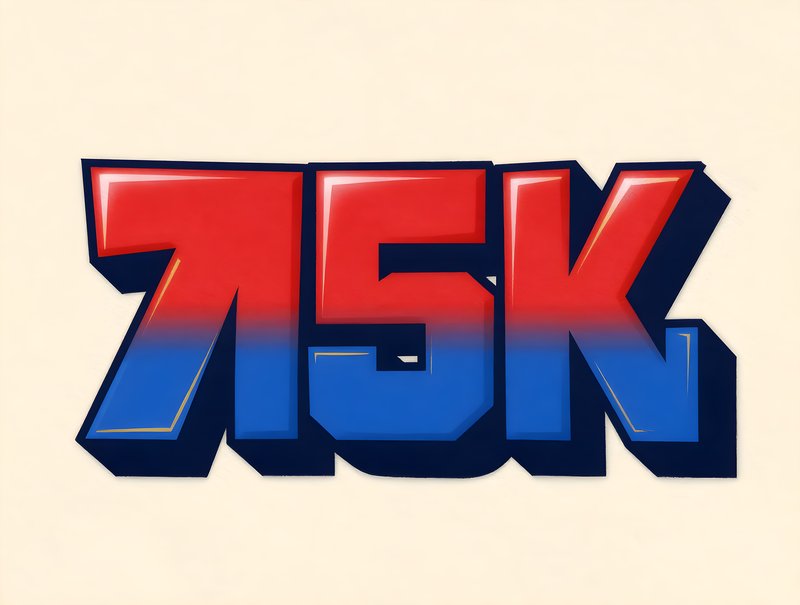 Graphic design of 75K in bold letters with gradient colors Free Premium Stock Image - stock photo