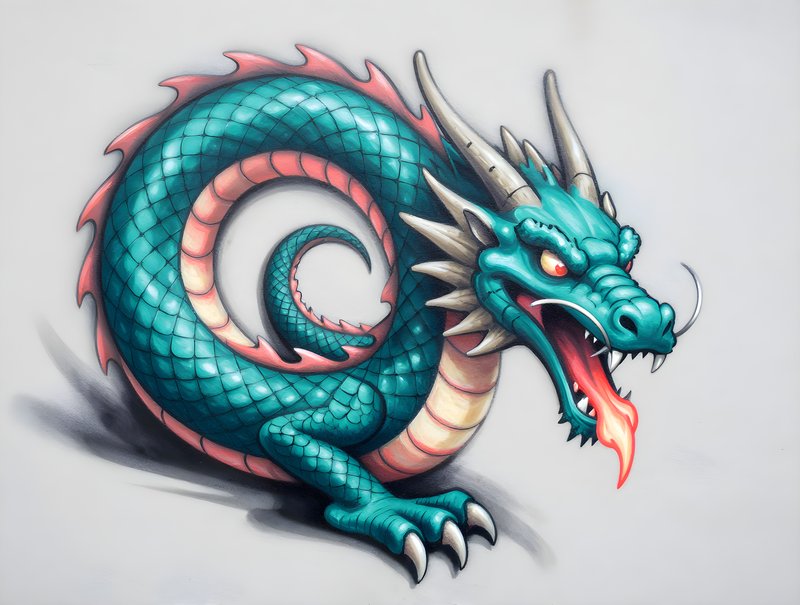 Green dragon drawing in a vibrant style on a white background Free Premium Stock Image - stock photo