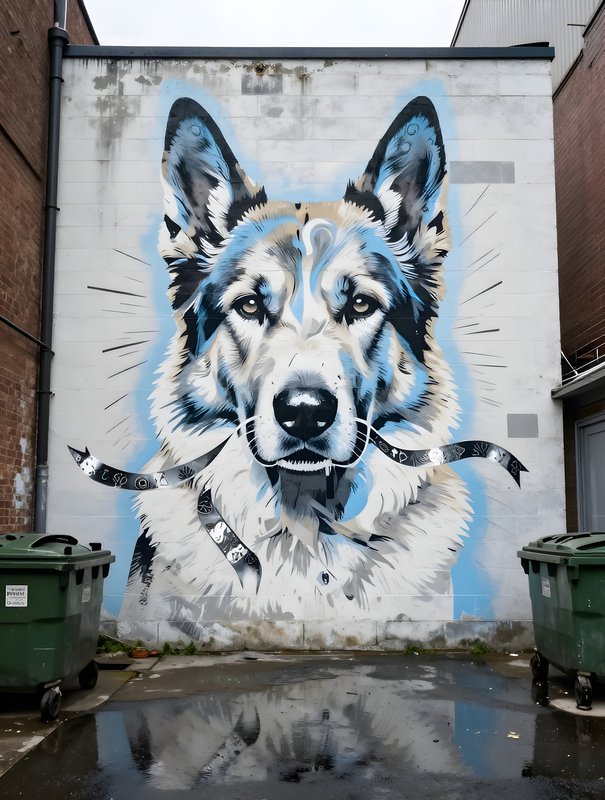 Mural of a dog on a wall in an urban setting Free Premium Stock Photo - stock photo