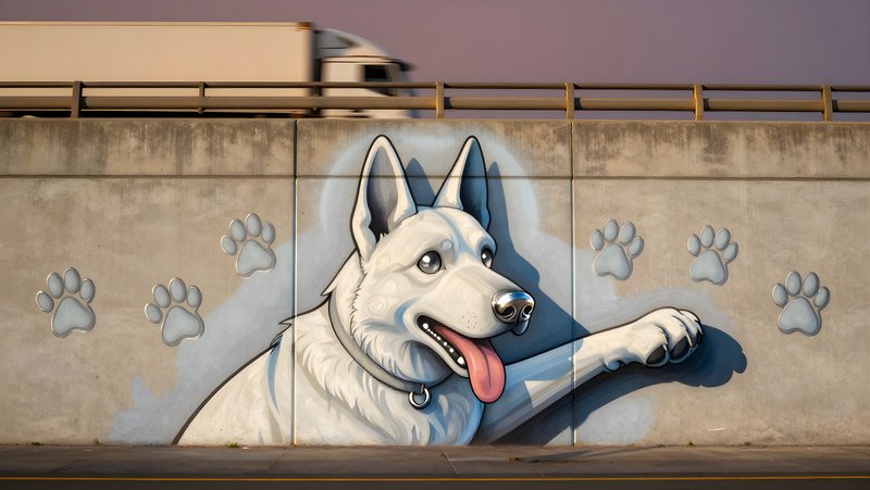 White dog mural on a wall near a busy road during sunset Free Premium Stock Photo - stock photo
