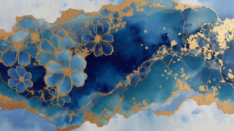 Artwork features blue and gold floral design on paper Free Premium Stock Photo - stock photo