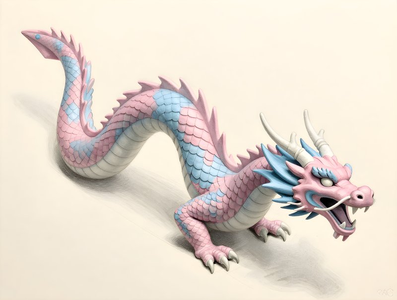 Dragon sculpture in pink and blue colors on neutral backdrop Free Premium Stock Photo - stock photo