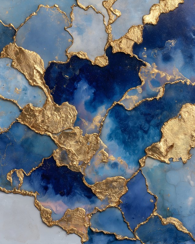 Abstract painting of blue and gold shapes on canvas Free Premium Stock Photo - stock photo